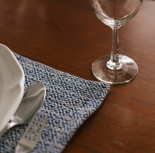 Blue and white placemats